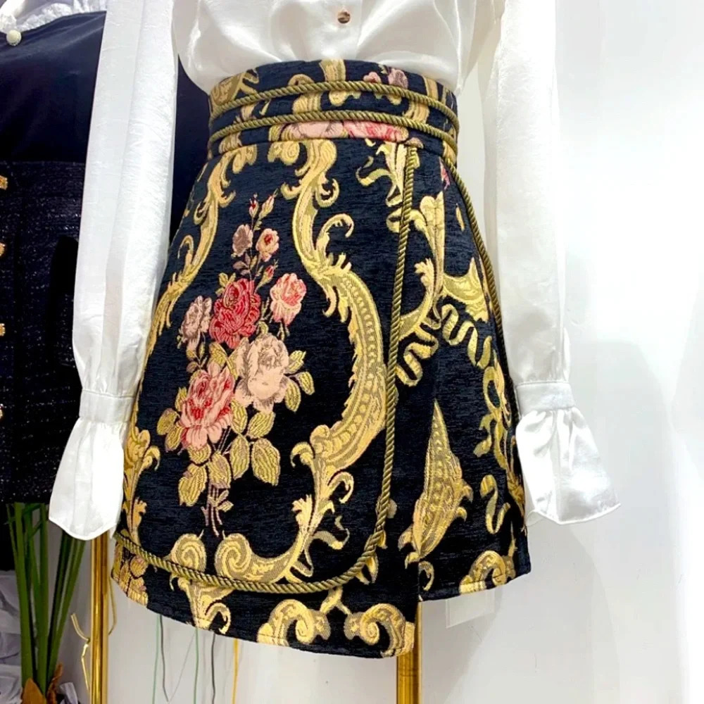 Autumn Style French Retro Jacquard High Waist A- Line Skirt Women'S Culotte
